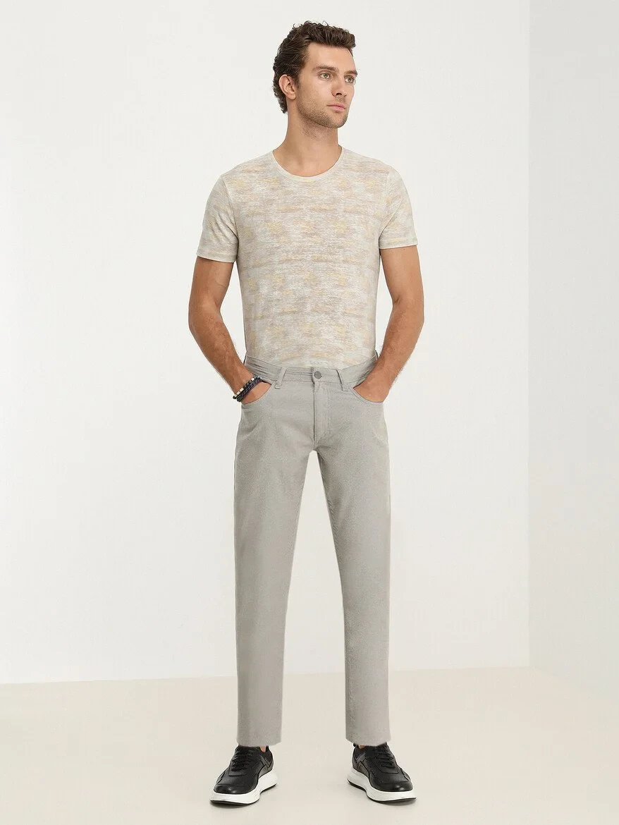 Beige Weaving Slim Fit Casual Cotton Blended Trousers - 2