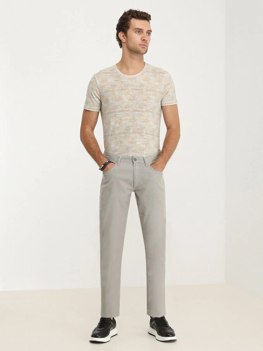 Beige Weaving Slim Fit Casual Cotton Blended Trousers - 2
