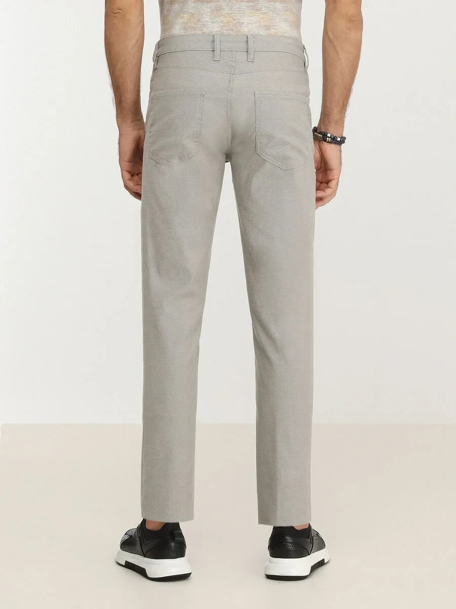 Beige Weaving Slim Fit Casual Cotton Blended Trousers - 4