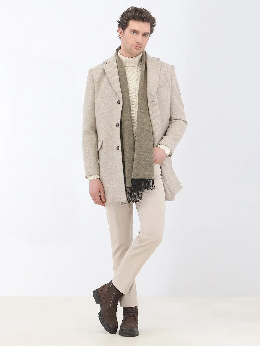 Beige Weaving Slim Fit Casual Cotton Blended Trousers 