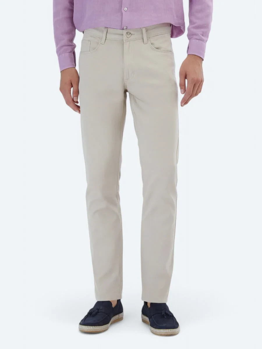 Beige Weaving Slim Fit Casual Cotton Blended Trousers - 2