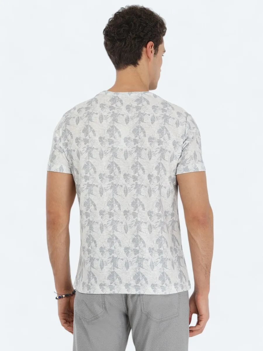 Bej Baskılı Bisiklet Yaka Pamuk Karışımlı T-Shirt - 4