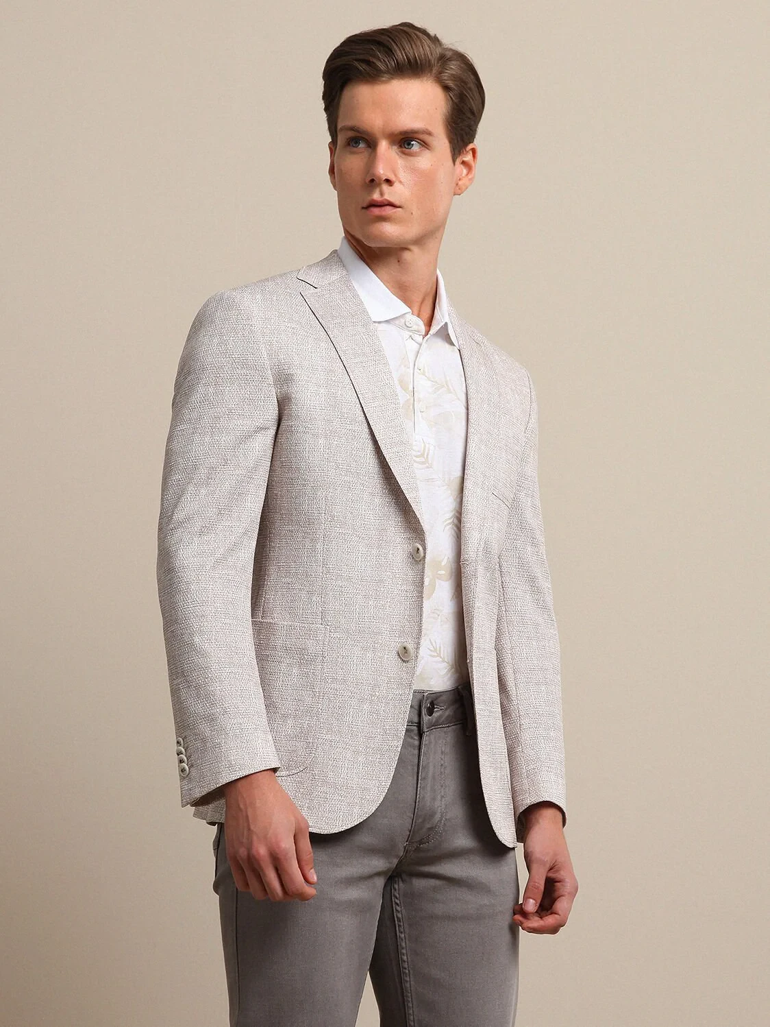 Bej Baskılı Modern Fit Örme Ceket - 1