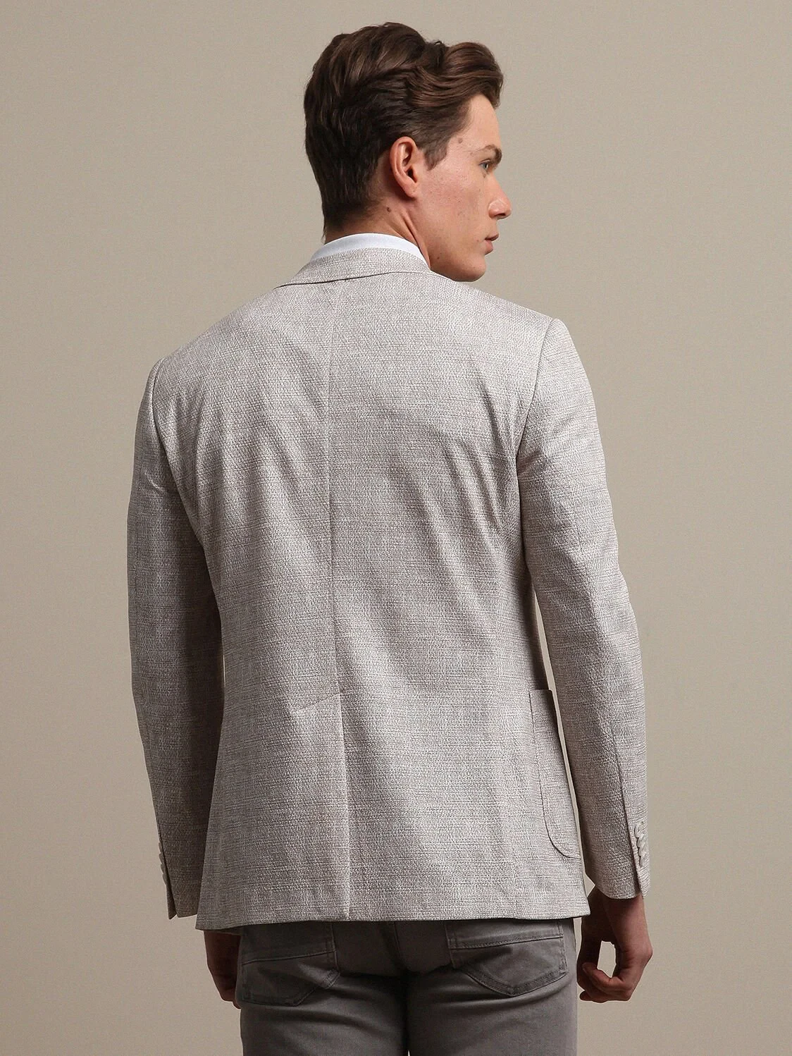 Bej Baskılı Modern Fit Örme Ceket - 4