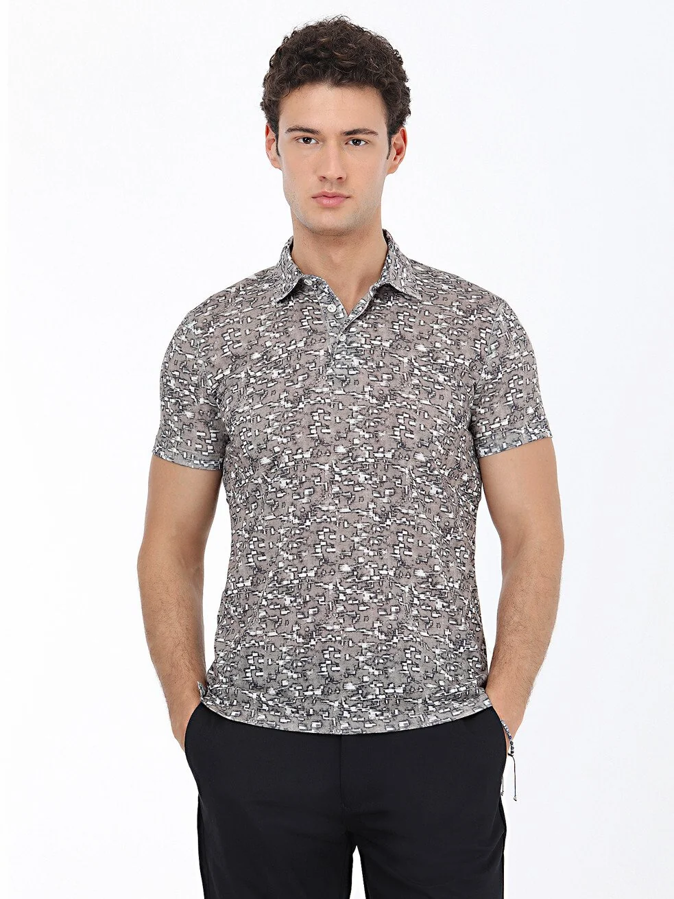 Bej Baskılı Polo Yaka Pamuk Karışımlı T-Shirt - 1