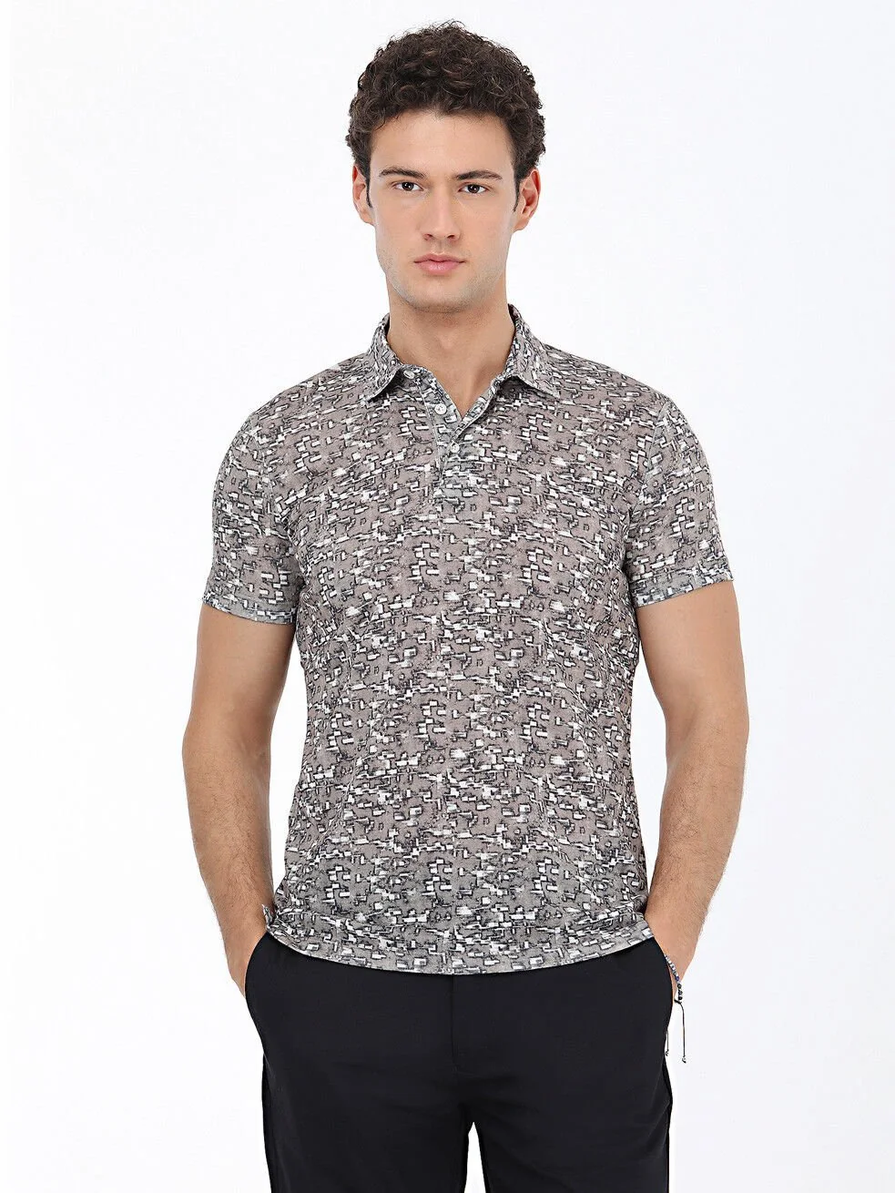 Bej Baskılı Polo Yaka Pamuk Karışımlı T-Shirt - 1