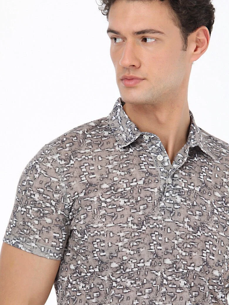 Bej Baskılı Polo Yaka Pamuk Karışımlı T-Shirt - 3