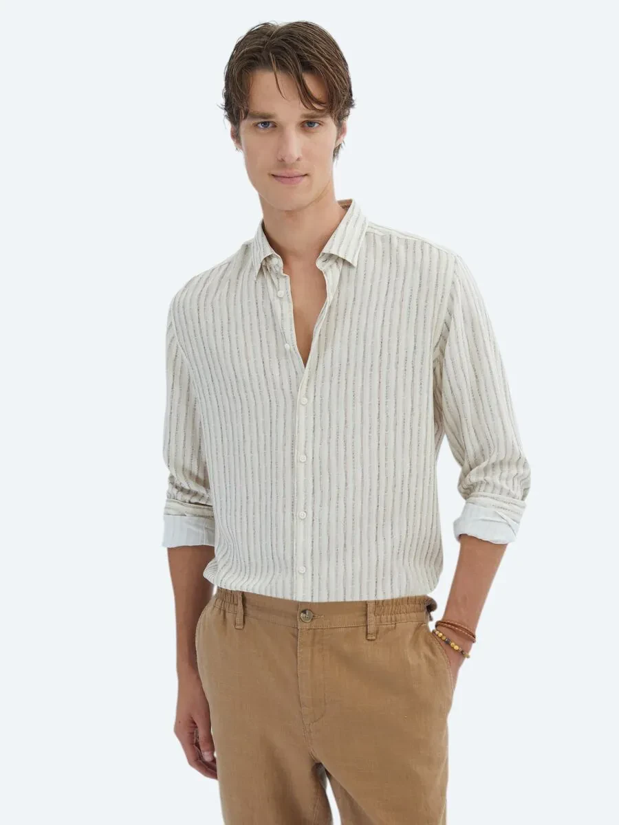 Bej Baskılı Regular Fit Dokuma Casual Gömlek - 1