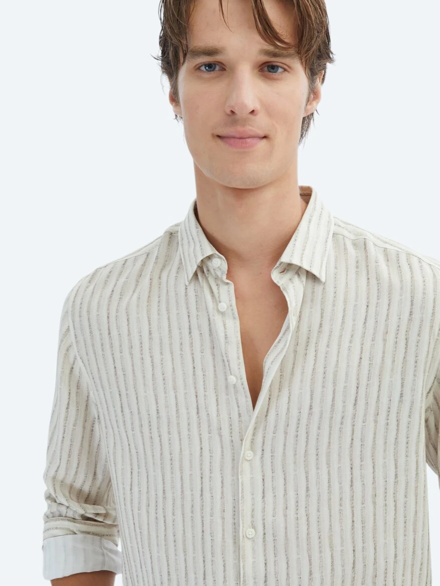 Bej Baskılı Regular Fit Dokuma Casual Gömlek - 3