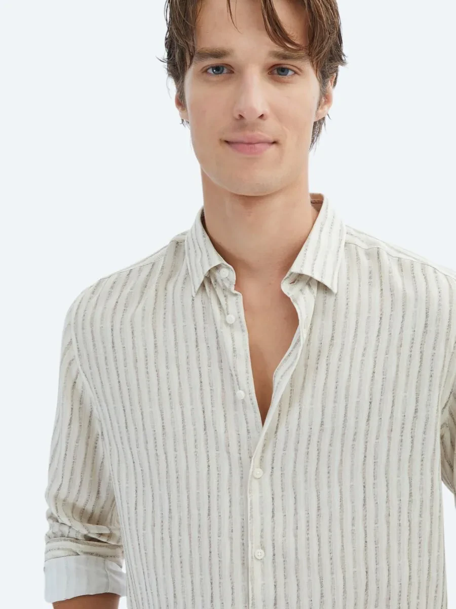 Bej Baskılı Regular Fit Dokuma Casual Gömlek - 3