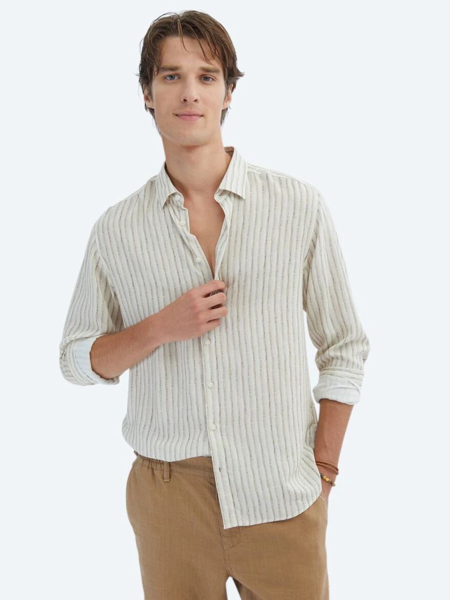 Bej Baskılı Regular Fit Dokuma Casual Gömlek - 4
