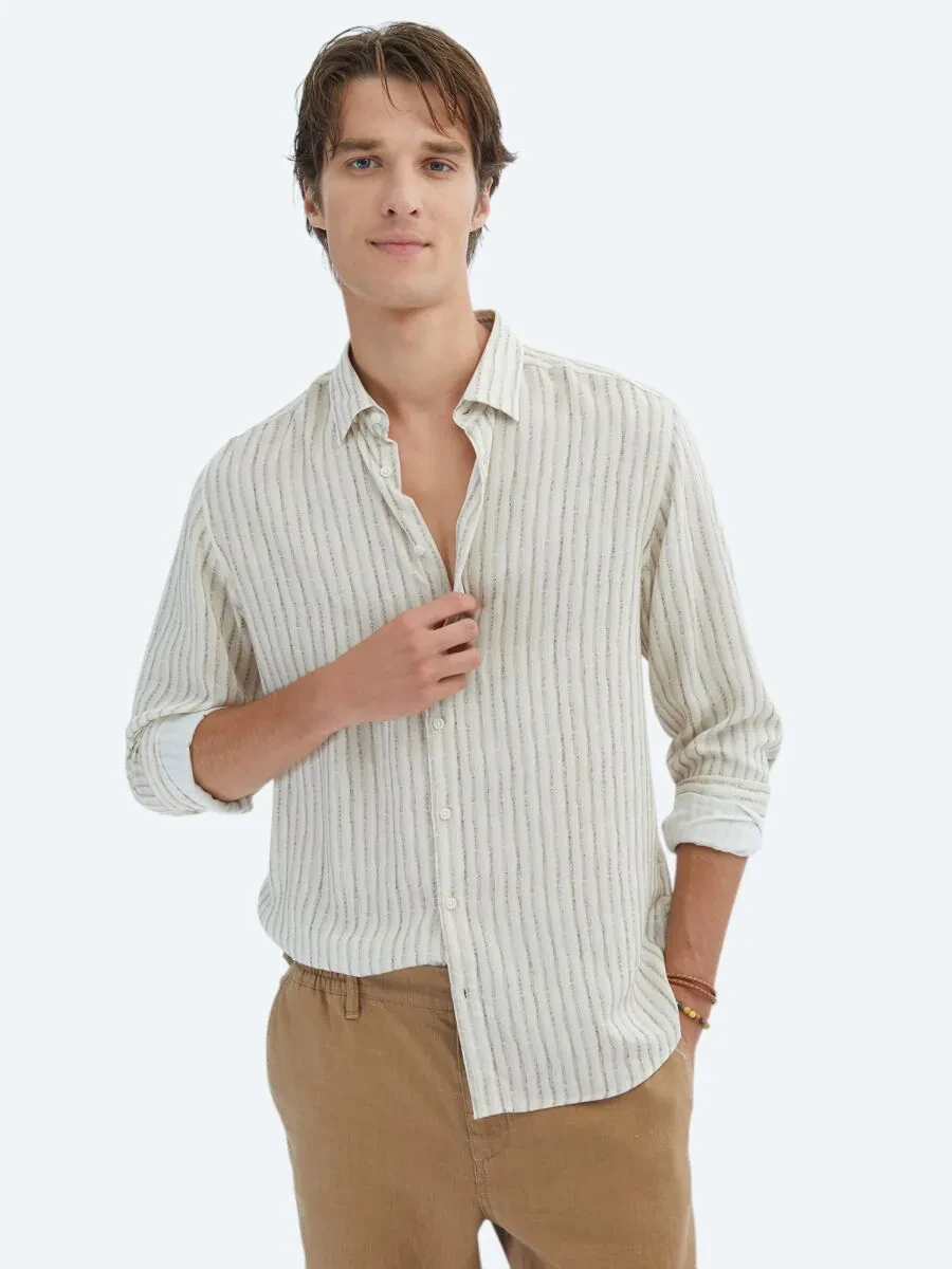 Bej Baskılı Regular Fit Dokuma Casual Gömlek - 4