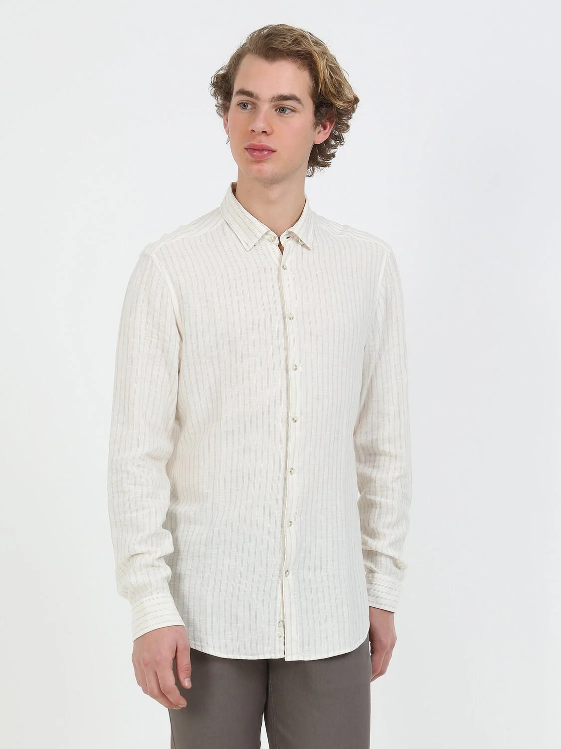 Bej Çizgili Regular Fit Dokuma Casual Keten Karışımlı Gömlek - 4