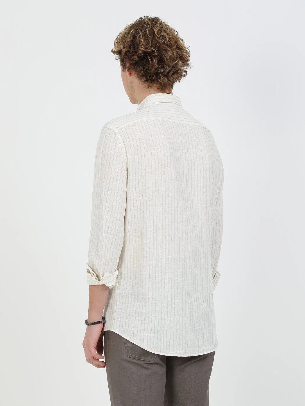 Bej Çizgili Regular Fit Dokuma Casual Keten Karışımlı Gömlek - 5