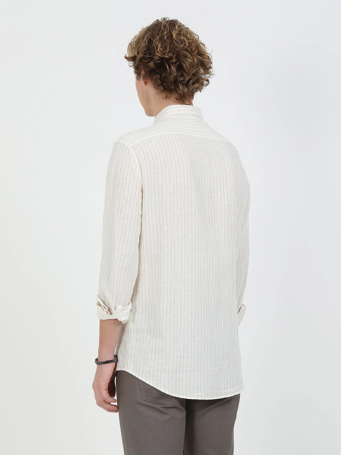 Bej Çizgili Regular Fit Dokuma Casual Keten Karışımlı Gömlek - 5