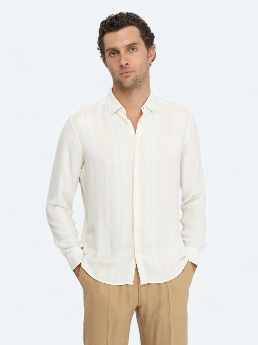 Bej Çizgili Regular Fit Dokuma Casual Keten Karışımlı Gömlek - 1
