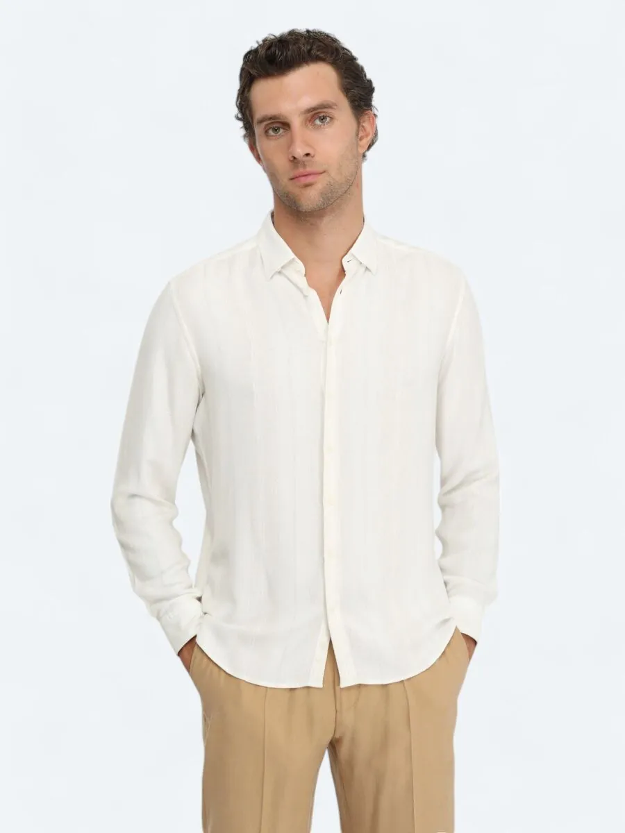 Bej Çizgili Regular Fit Dokuma Casual Keten Karışımlı Gömlek - 1