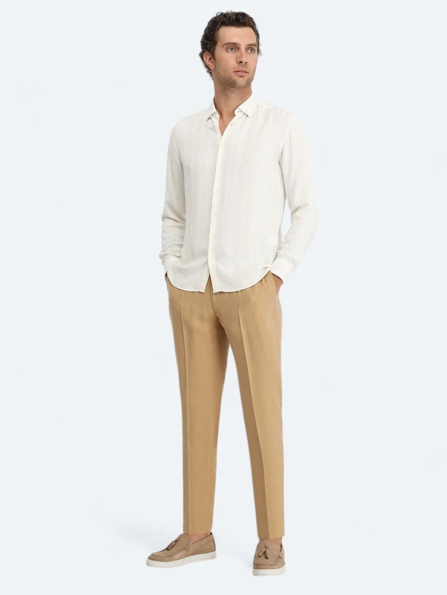 Bej Çizgili Regular Fit Dokuma Casual Keten Karışımlı Gömlek - 2