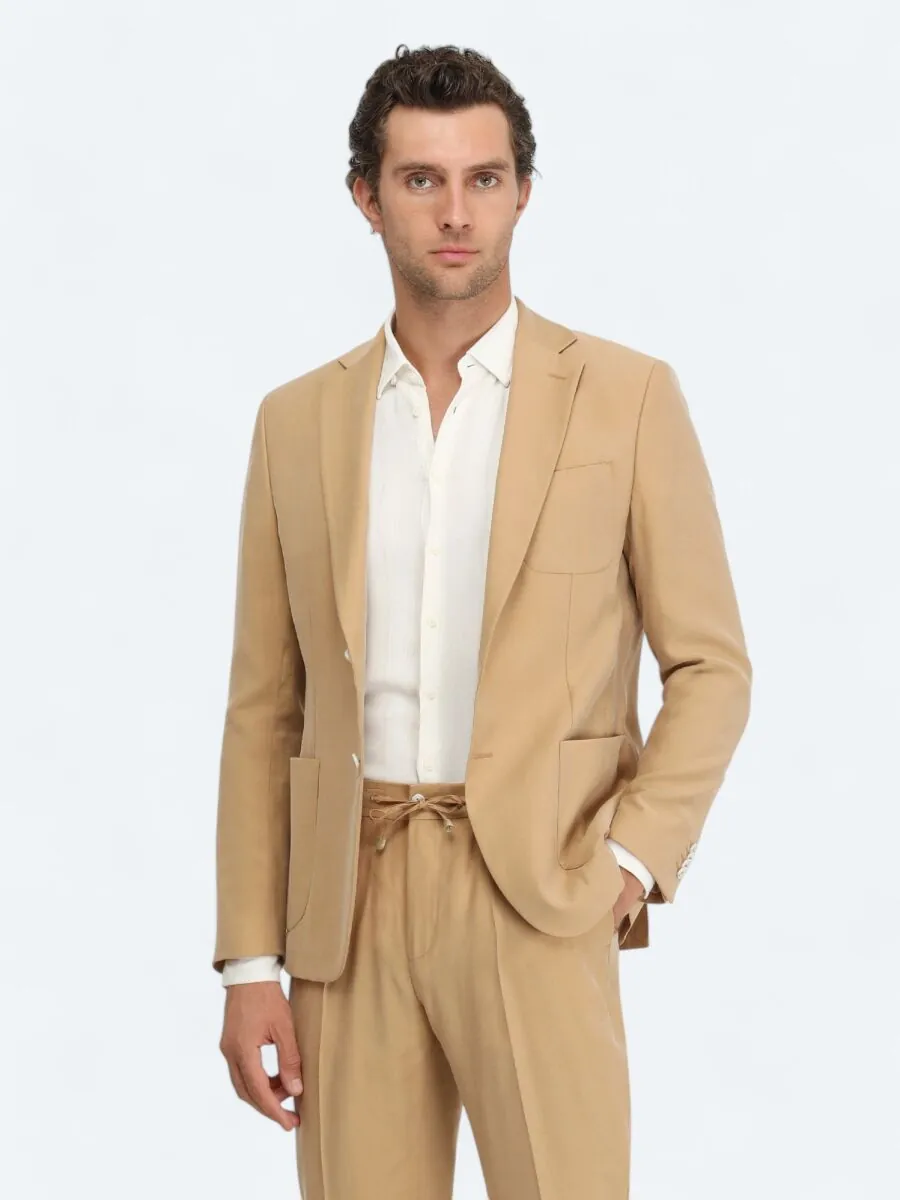 Bej Çizgili Regular Fit Dokuma Casual Keten Karışımlı Gömlek - 3