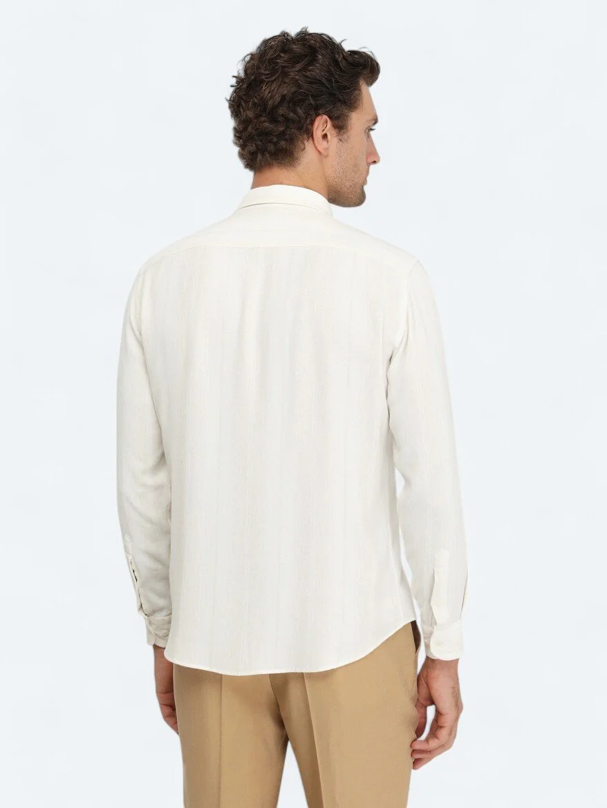 Bej Çizgili Regular Fit Dokuma Casual Keten Karışımlı Gömlek - 5