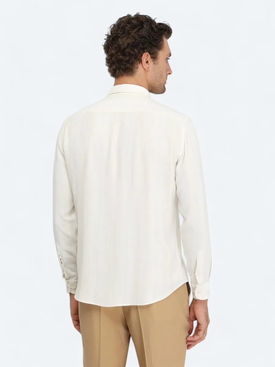 Bej Çizgili Regular Fit Dokuma Casual Keten Karışımlı Gömlek - 5