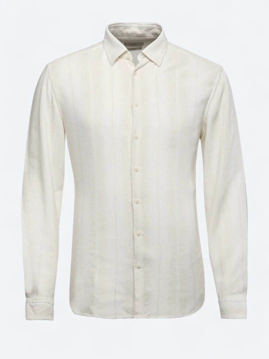 Bej Çizgili Regular Fit Dokuma Casual Keten Karışımlı Gömlek - 6
