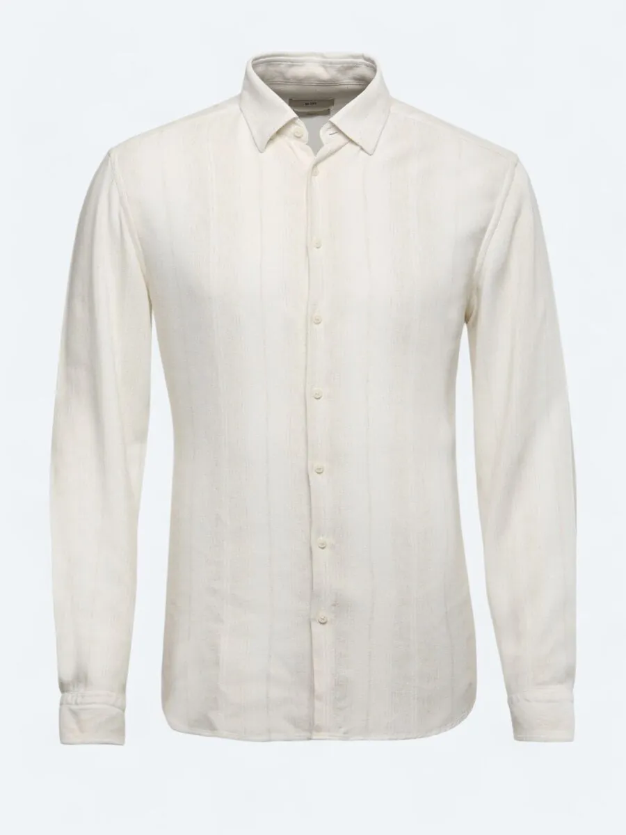 Bej Çizgili Regular Fit Dokuma Casual Keten Karışımlı Gömlek - 6