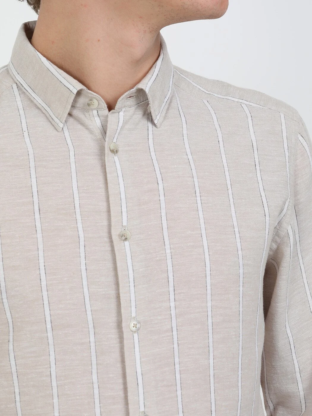Bej Çizgili Regular Fit Dokuma Casual Pamuk Karışımlı Gömlek - 3