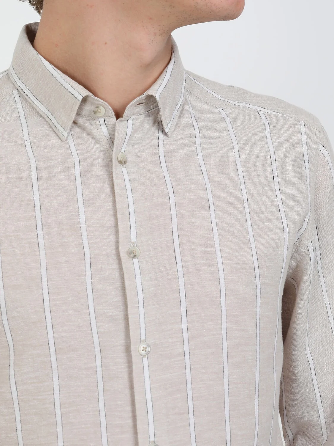 Bej Çizgili Regular Fit Dokuma Casual Pamuk Karışımlı Gömlek - 3