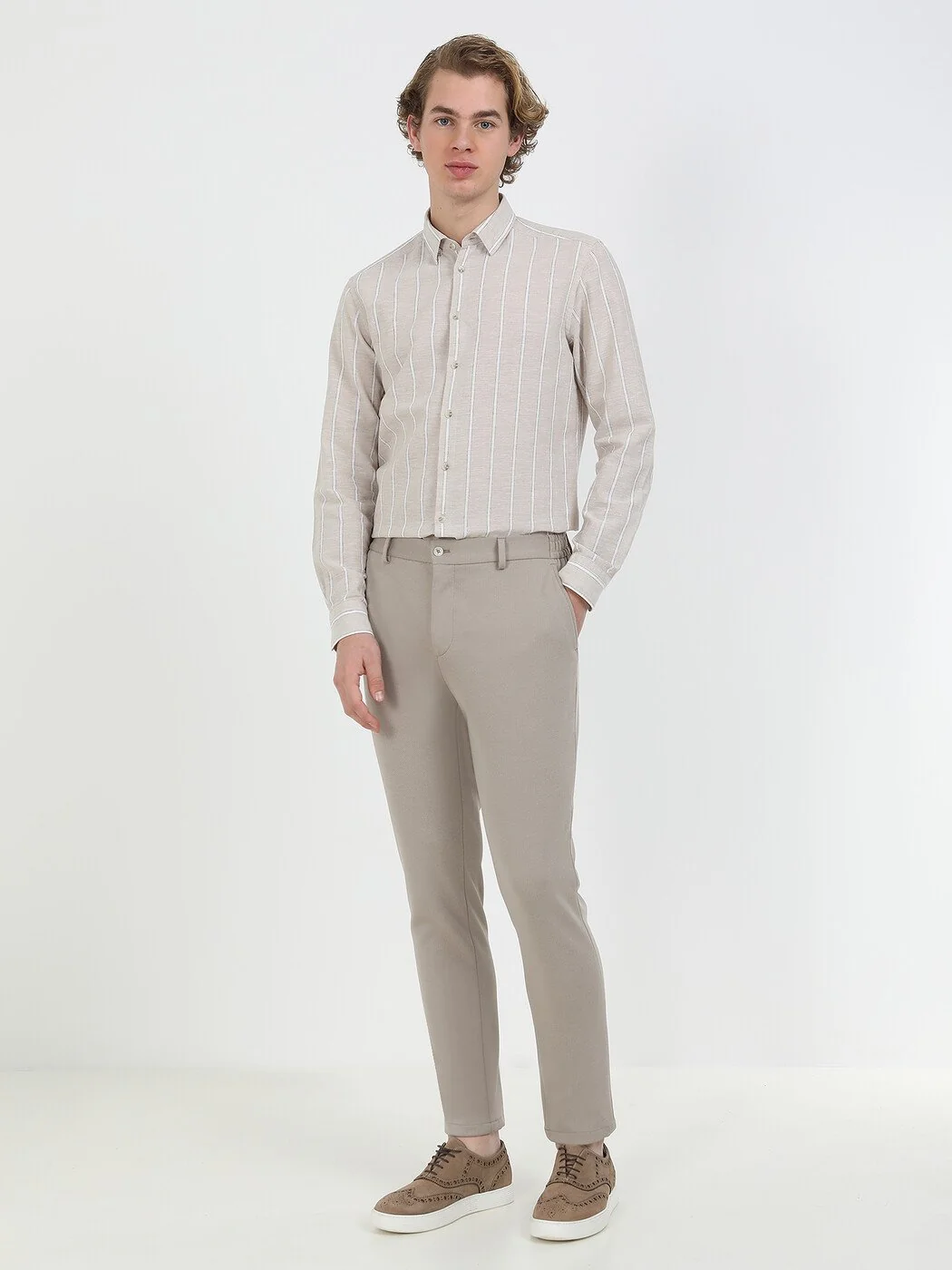 Bej Çizgili Regular Fit Dokuma Casual Pamuk Karışımlı Gömlek - 4