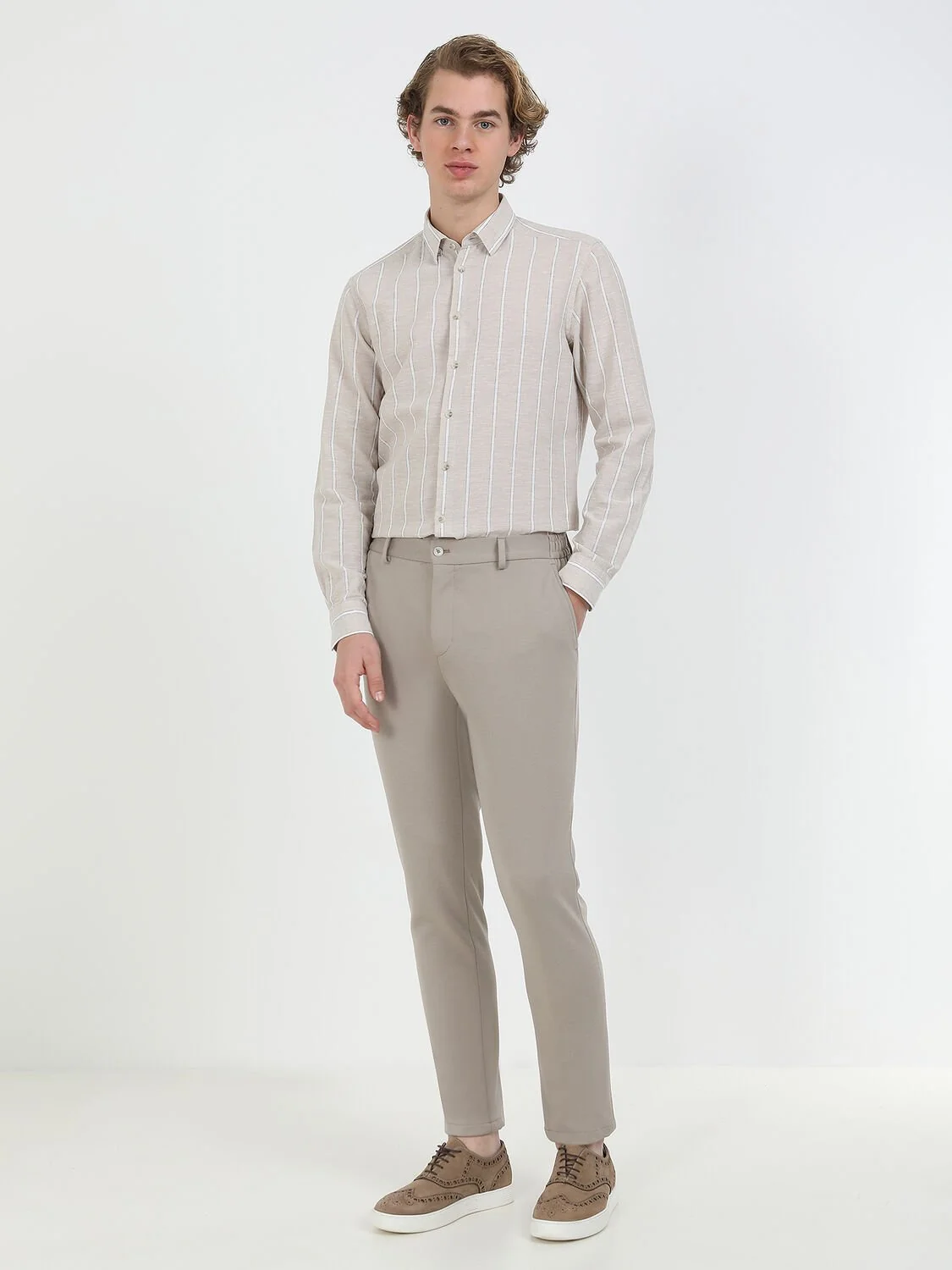 Bej Çizgili Regular Fit Dokuma Casual Pamuk Karışımlı Gömlek - 4