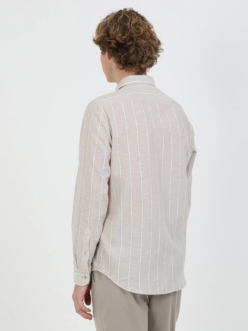 Bej Çizgili Regular Fit Dokuma Casual Pamuk Karışımlı Gömlek - 5