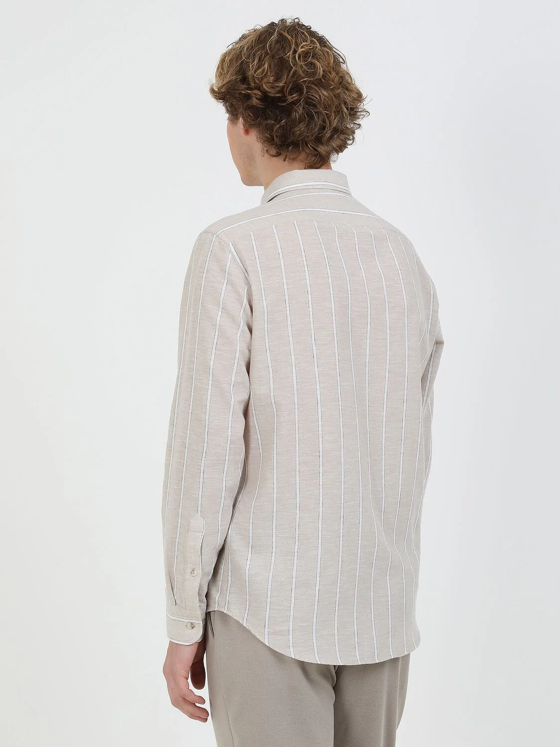 Bej Çizgili Regular Fit Dokuma Casual Pamuk Karışımlı Gömlek - 5