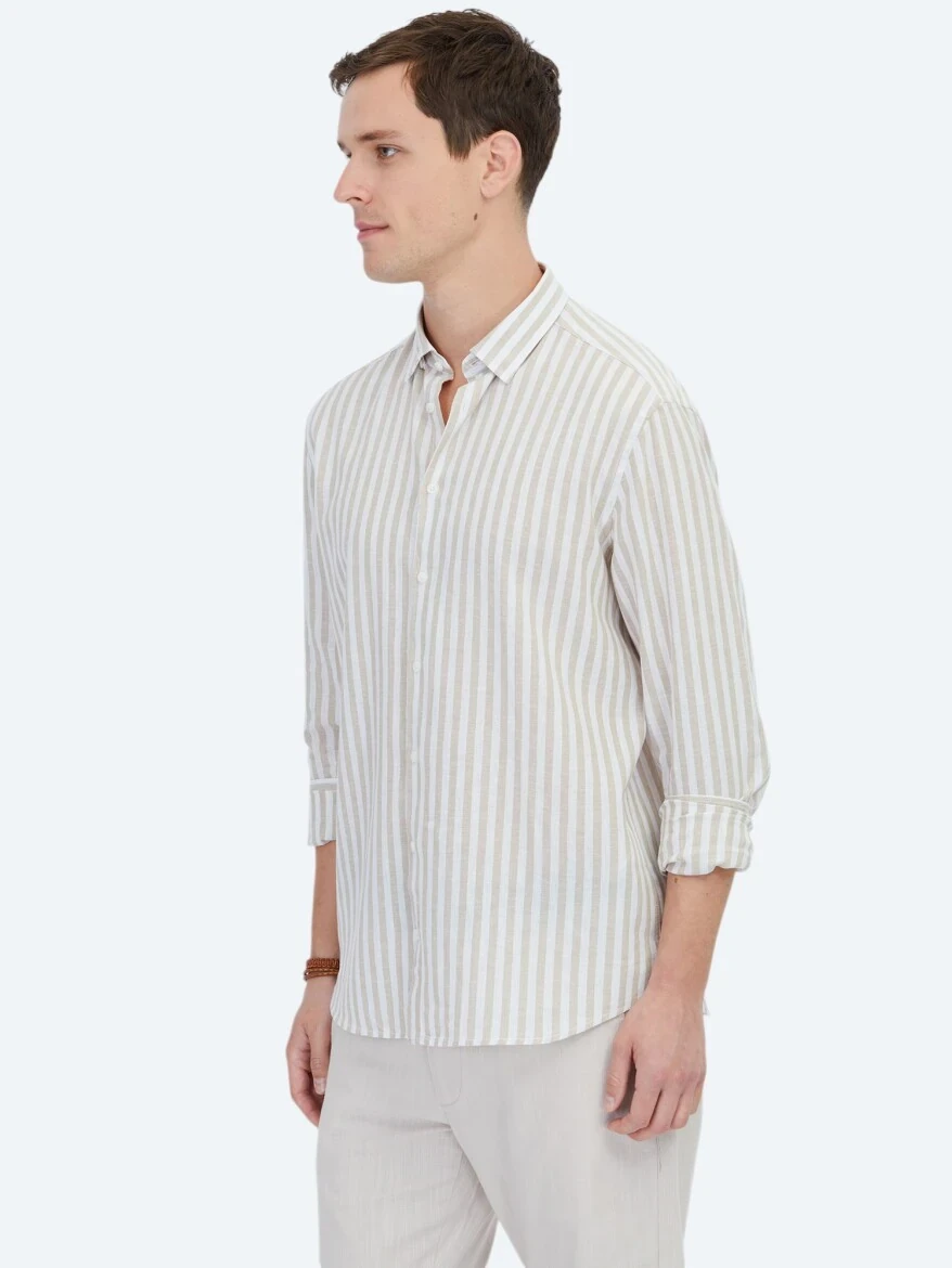 Bej Çizgili Regular Fit Dokuma Casual Pamuk Karışımlı Gömlek 