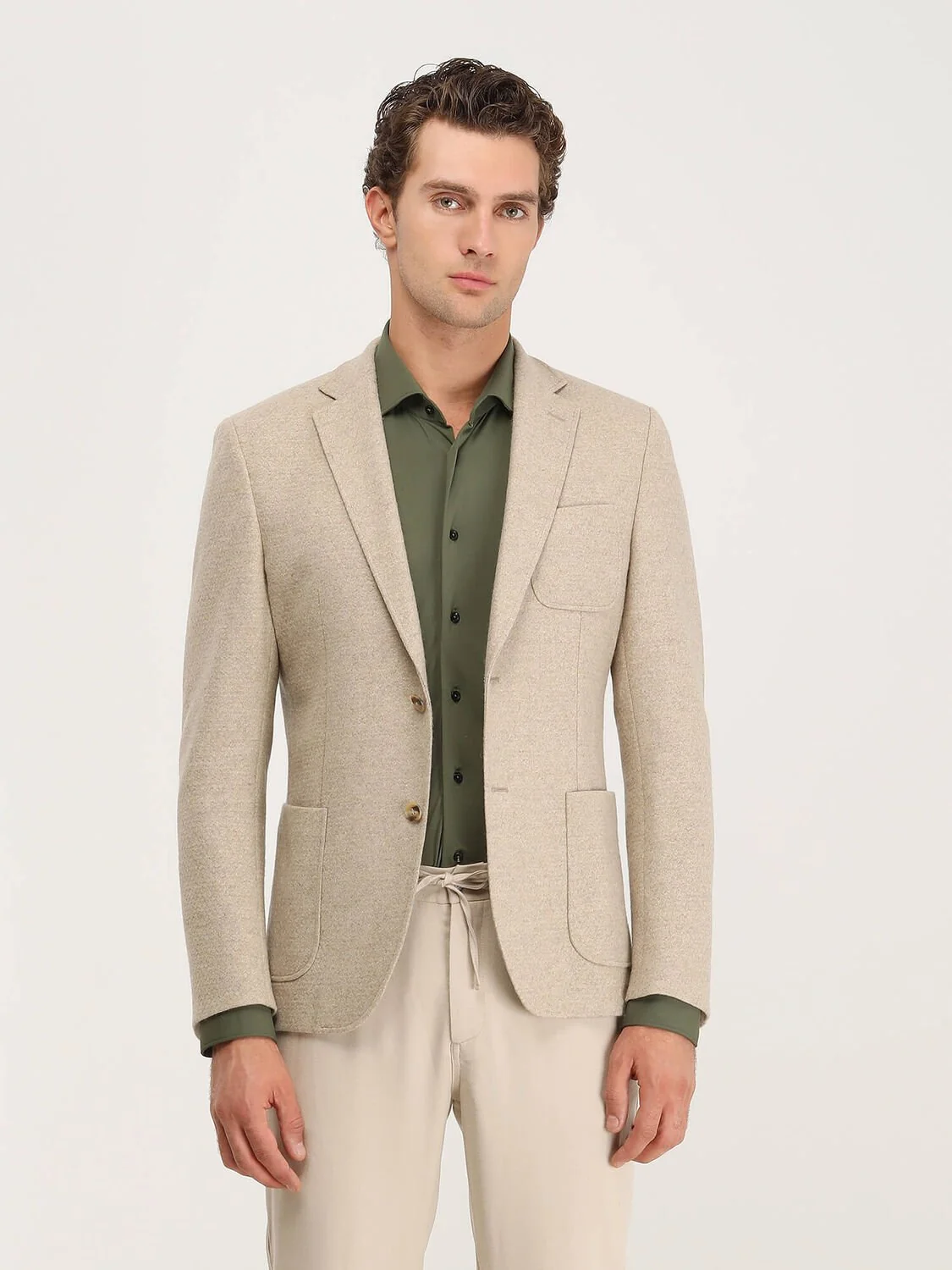 Bej Desenli Modern Fit Yün Karışımlı Örme Ceket - 1