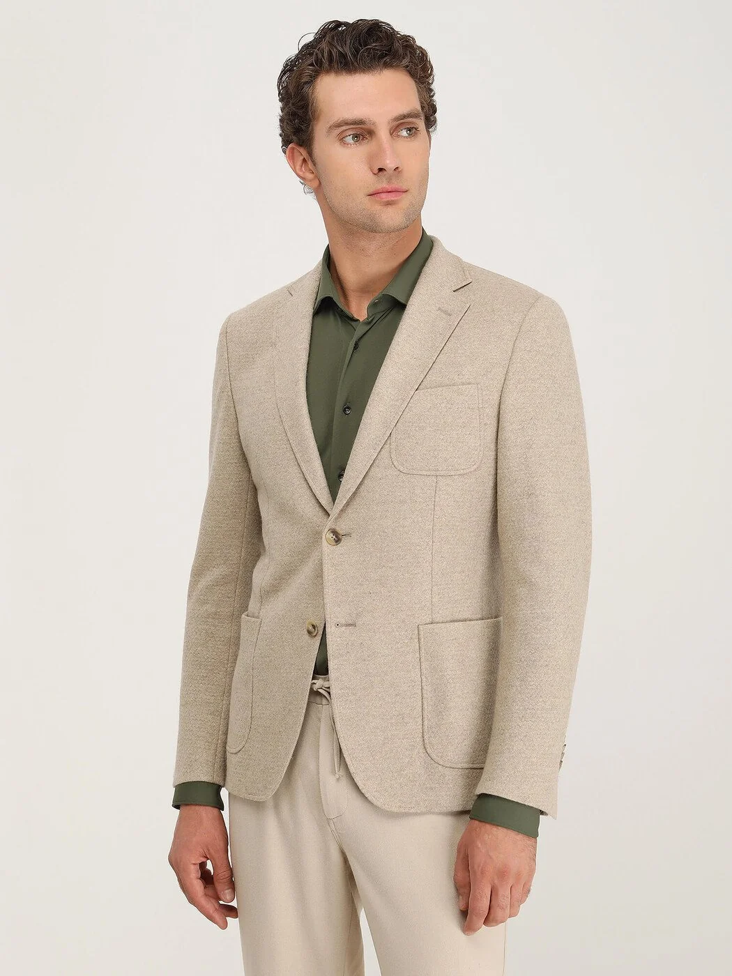 Bej Desenli Modern Fit Yün Karışımlı Örme Ceket - 2