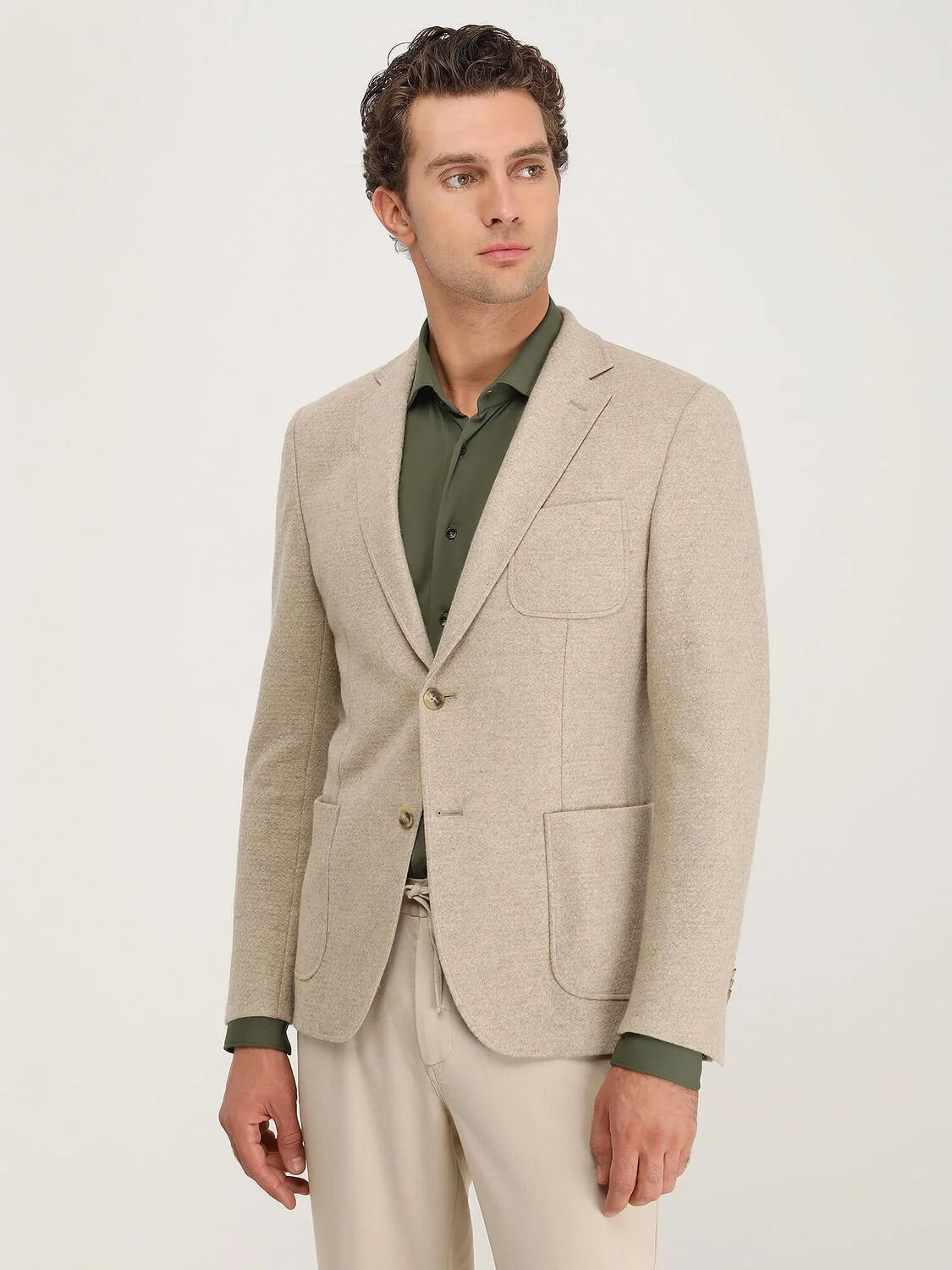 Bej Desenli Modern Fit Yün Karışımlı Örme Ceket - 2
