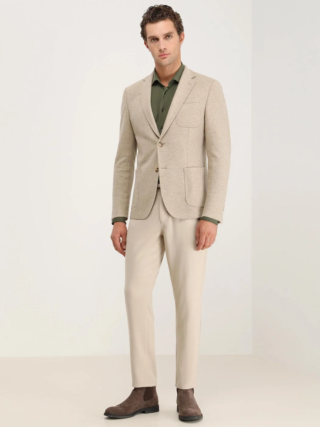 Bej Desenli Modern Fit Yün Karışımlı Örme Ceket - 4