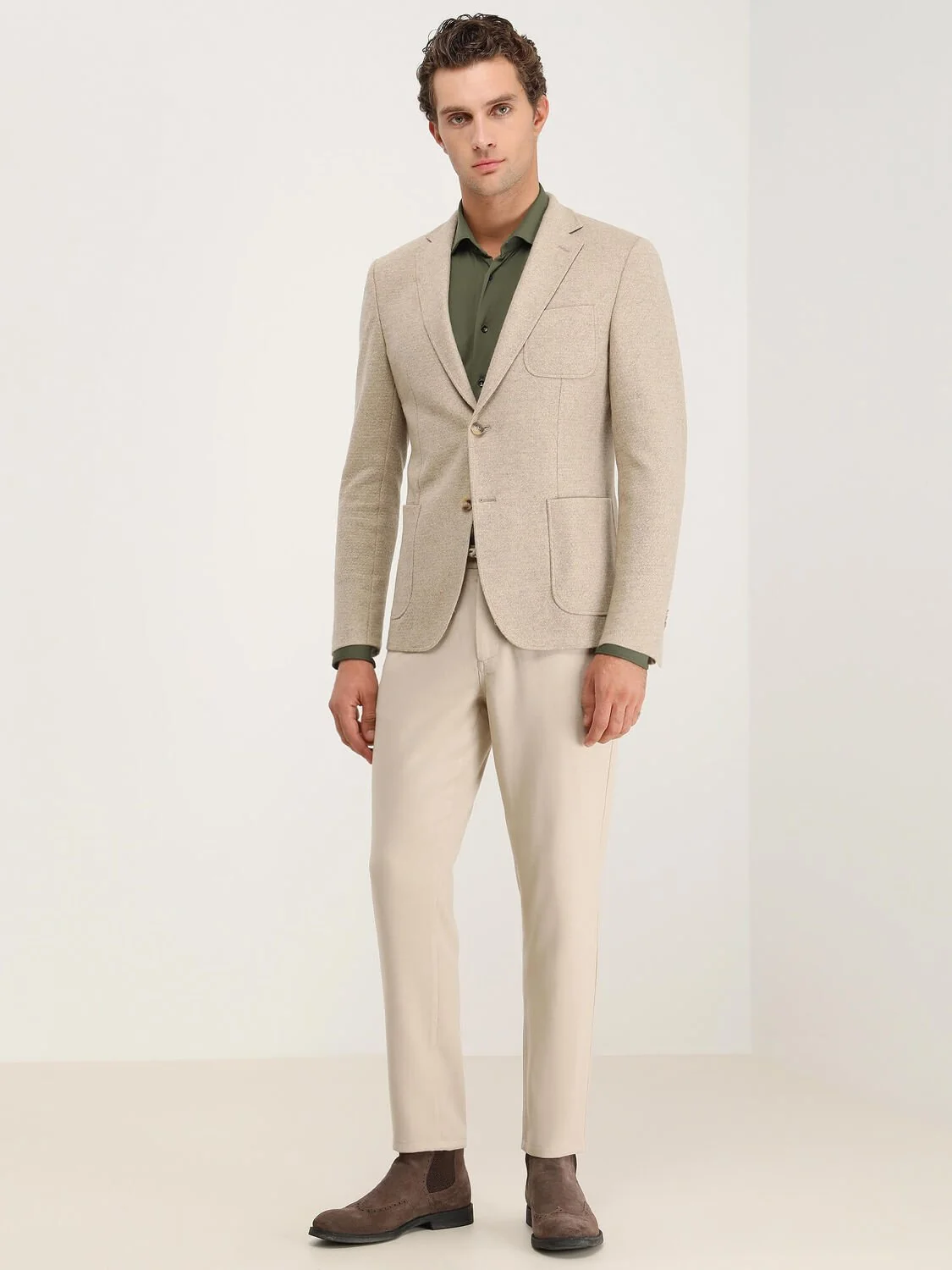 Bej Desenli Modern Fit Yün Karışımlı Örme Ceket - 4
