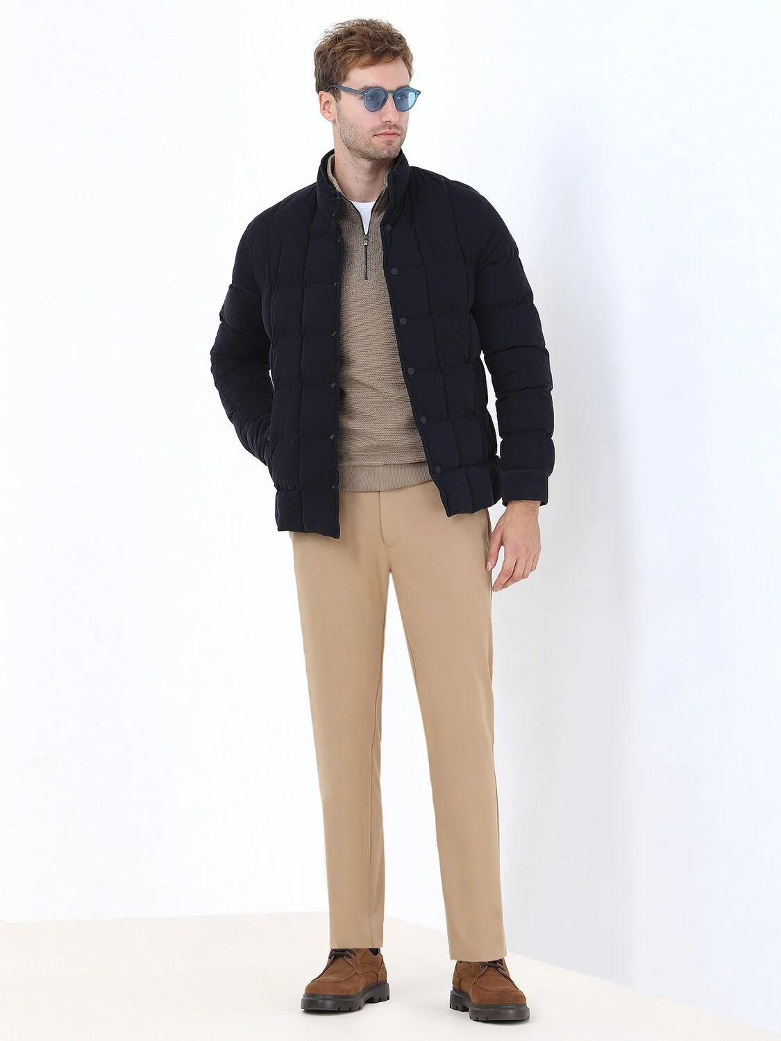 Bej Dik Yaka Jakarlı Sweatshırt - 3