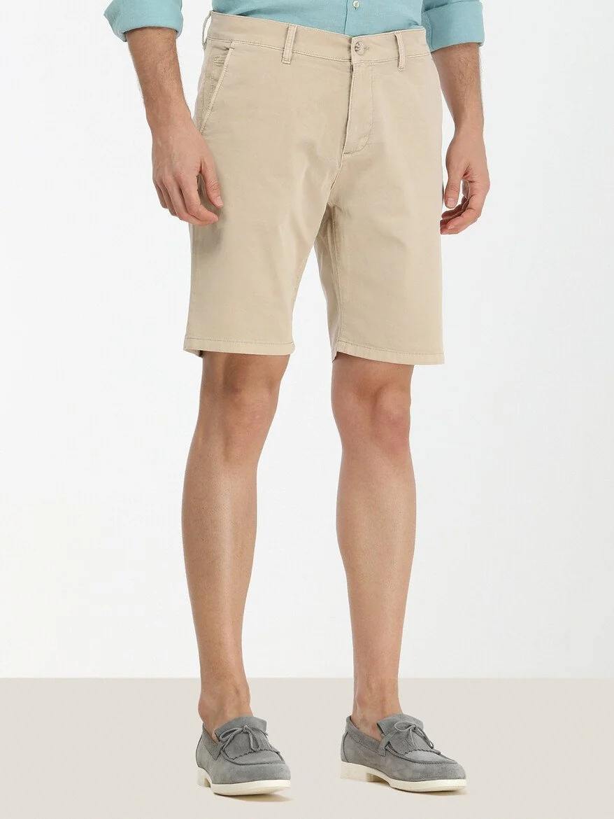 Bej Dokuma Slim Fit Casual Pamuk Karışımlı Bermuda - 1