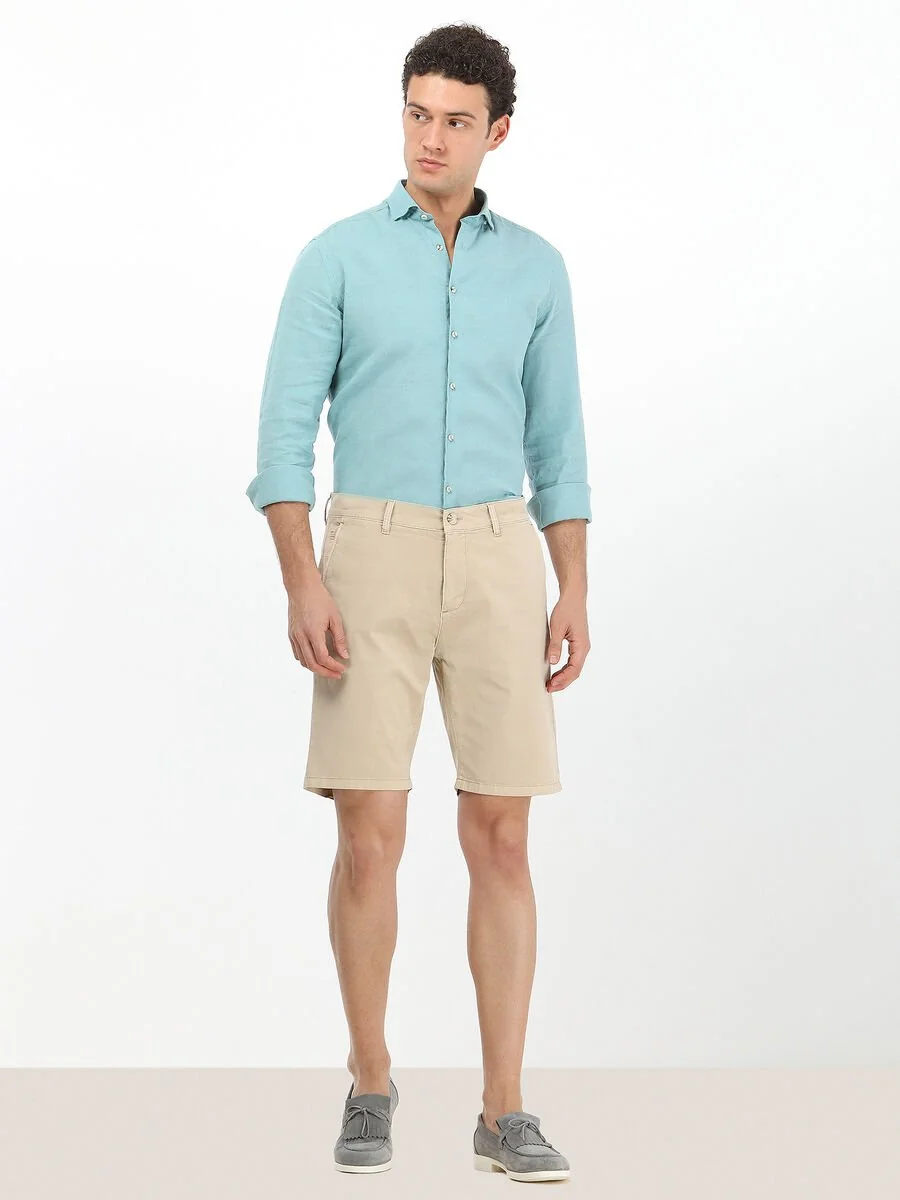 Bej Dokuma Slim Fit Casual Pamuk Karışımlı Bermuda - 2