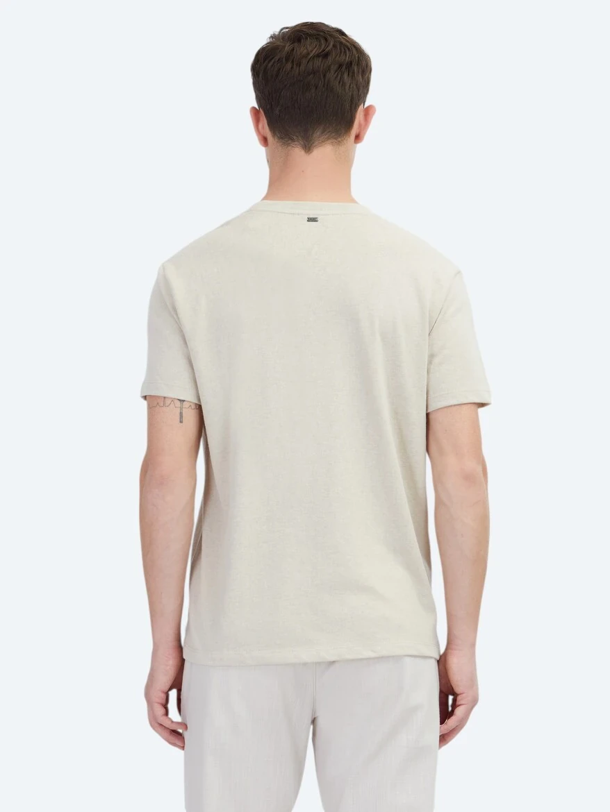 Bej Düz Bisiklet Yaka Pamuk Karışımlı T-Shirt - 5