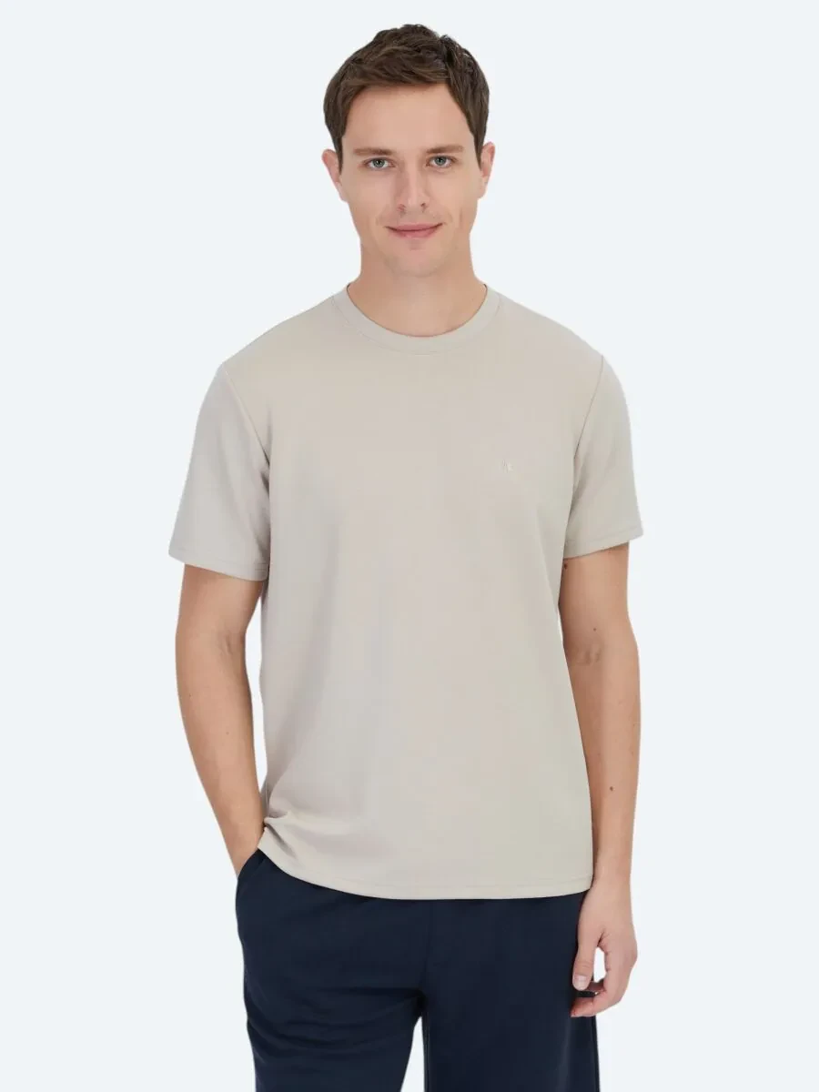 Bej Düz Bisiklet Yaka T-Shirt - 3