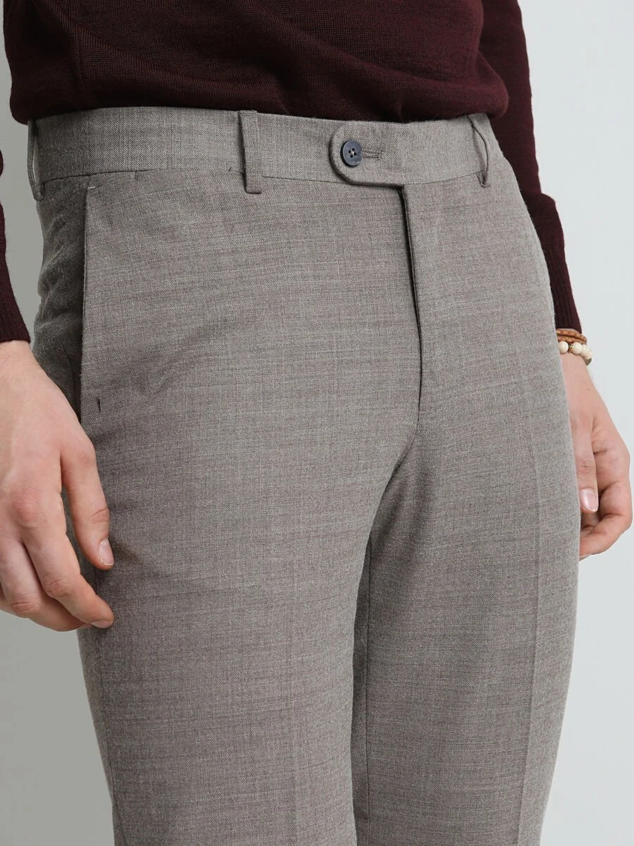 Bej Düz Dokuma Fitted Fit Klasik Yün Karışımlı Pantolon - 1