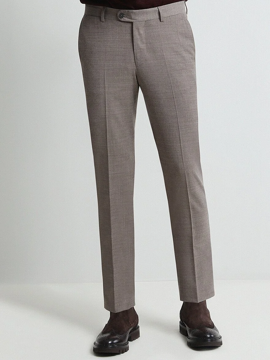 Bej Düz Dokuma Fitted Fit Klasik Yün Karışımlı Pantolon - 2