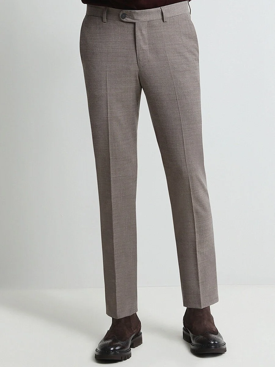Bej Düz Dokuma Fitted Fit Klasik Yün Karışımlı Pantolon - 2