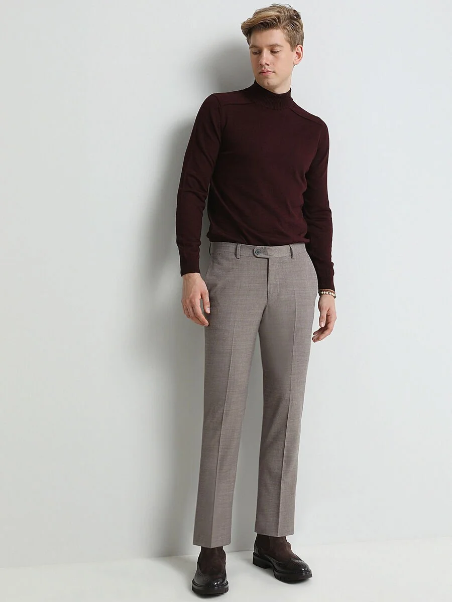 Bej Düz Dokuma Fitted Fit Klasik Yün Karışımlı Pantolon - 3