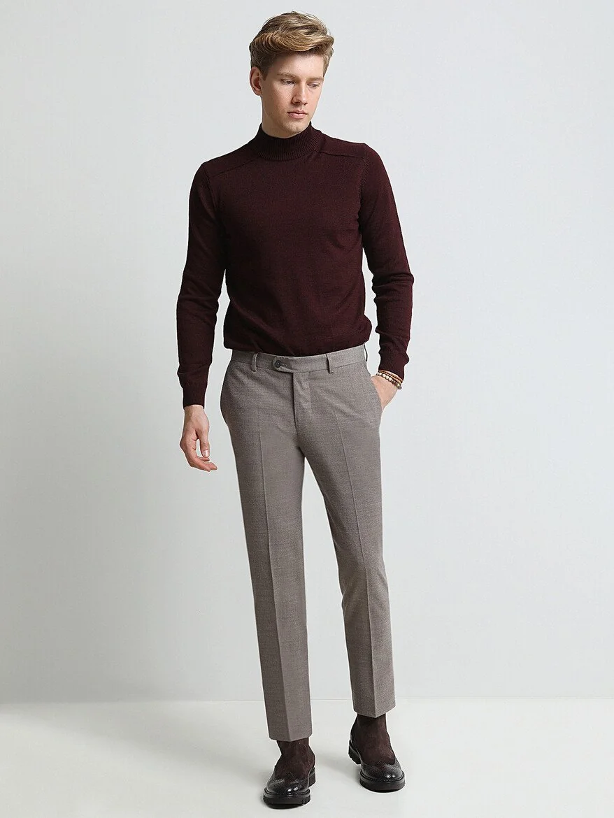 Bej Düz Dokuma Fitted Fit Klasik Yün Karışımlı Pantolon - 4