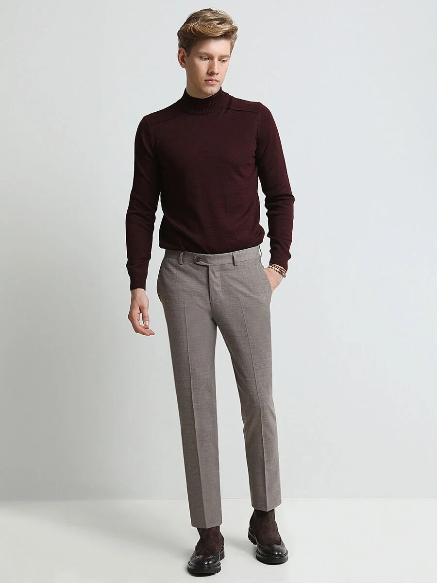 Bej Düz Dokuma Fitted Fit Klasik Yün Karışımlı Pantolon - 4